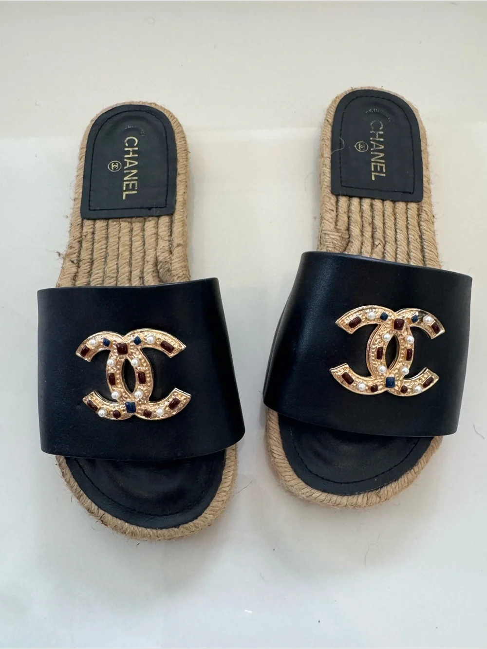 CHANEL Black Leather Slide Sandals with Gold CC Logo